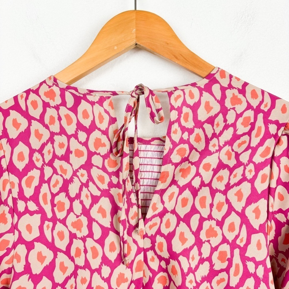 Michelle McDowell Pink Leopard Print Smocked Blouse Sz S - Picture 7 of 10